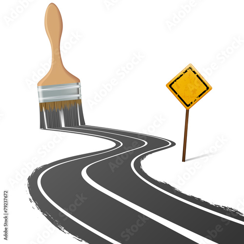 paint brush draws the road next to a traffic sign