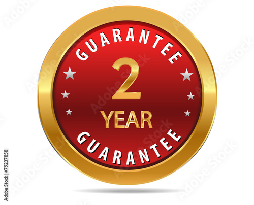 2 year guarantee golden red button, badge,sign