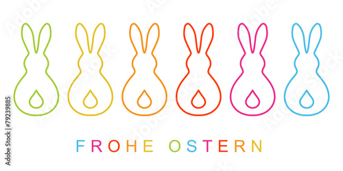 Bunte, dünne Konturen von 6 bunte Hasen von hinten, Flat Design