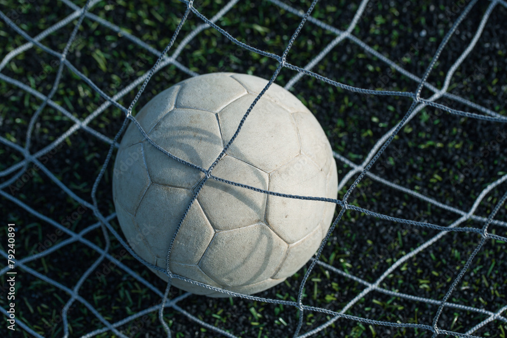 leather soccer ball in the net