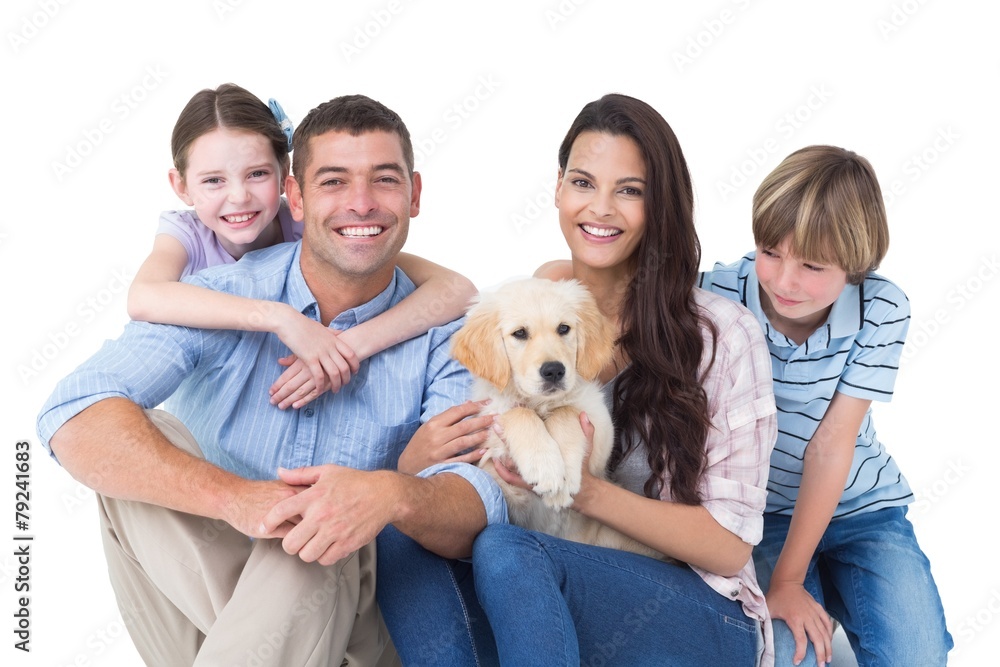 Happy family with cute dog over white background Happy family with cute dog over white background