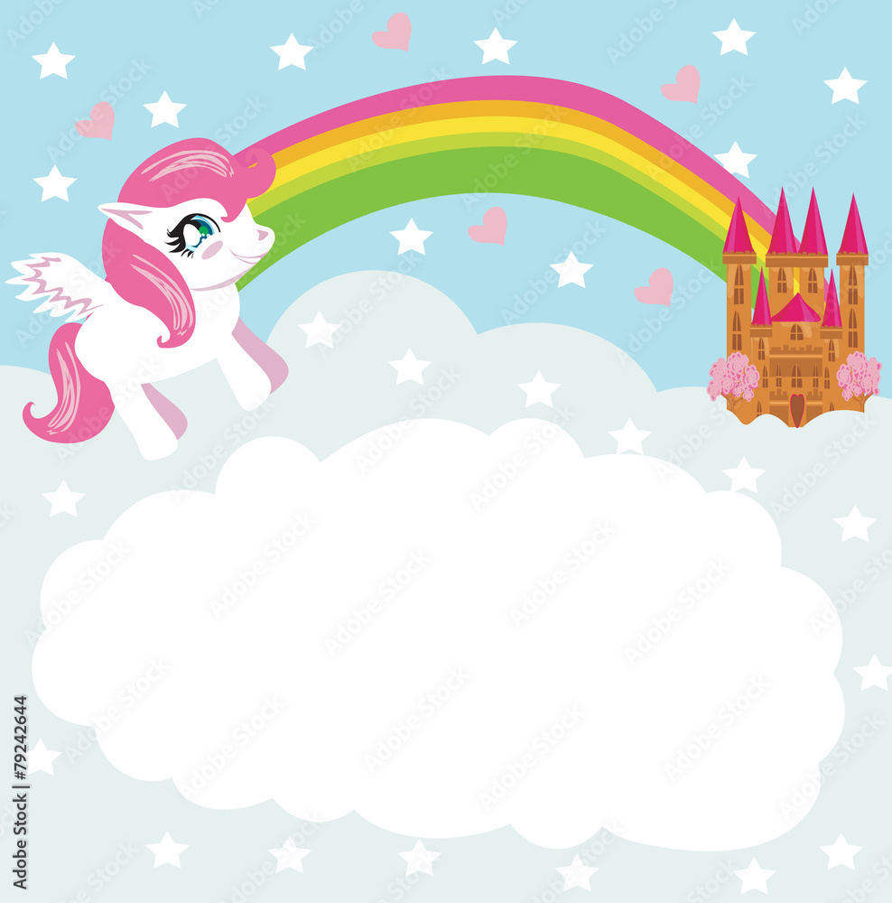 Fototapeta premium Card with a cute unicorn rainbow and fairy-tale princess castle