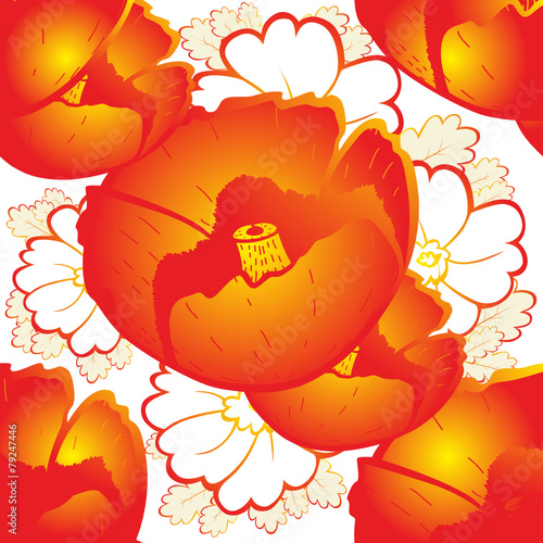 retro a background with red poppies and oak leaves