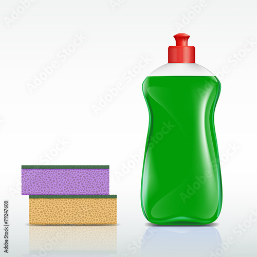 plastic bottle with detergent and sponge