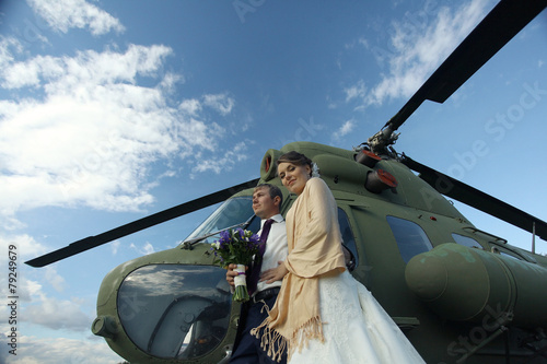 Wedding couple in love vintage aircraft photo