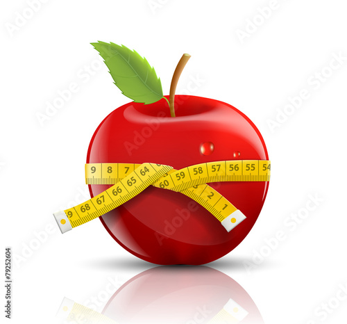 red apple with measuring tape isolated on white background