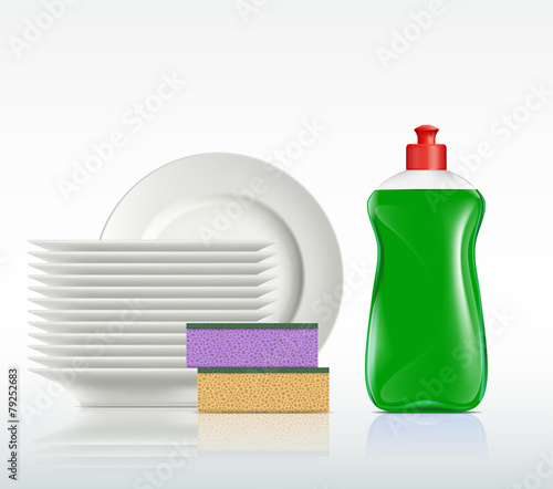 plates and a bottle with detergent isolated on white background