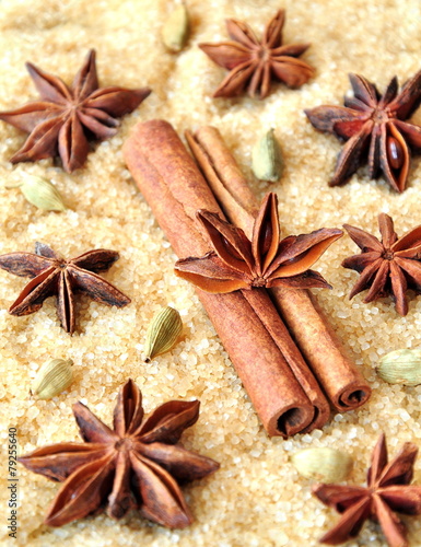 Spices cinnamon sticks, cardamon and anise