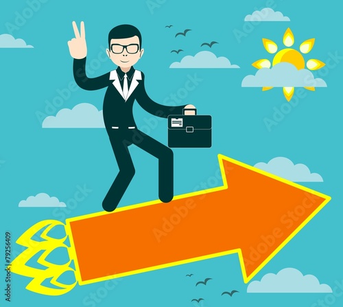 Successful businessman with victory sign flying on arrow