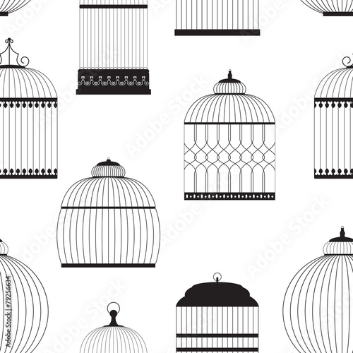 Vintage Birdcages Silhouettes Seamless Pattern Vector Illustrati
