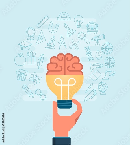 hand holiding light bulb with a brain surrounded with set of thi