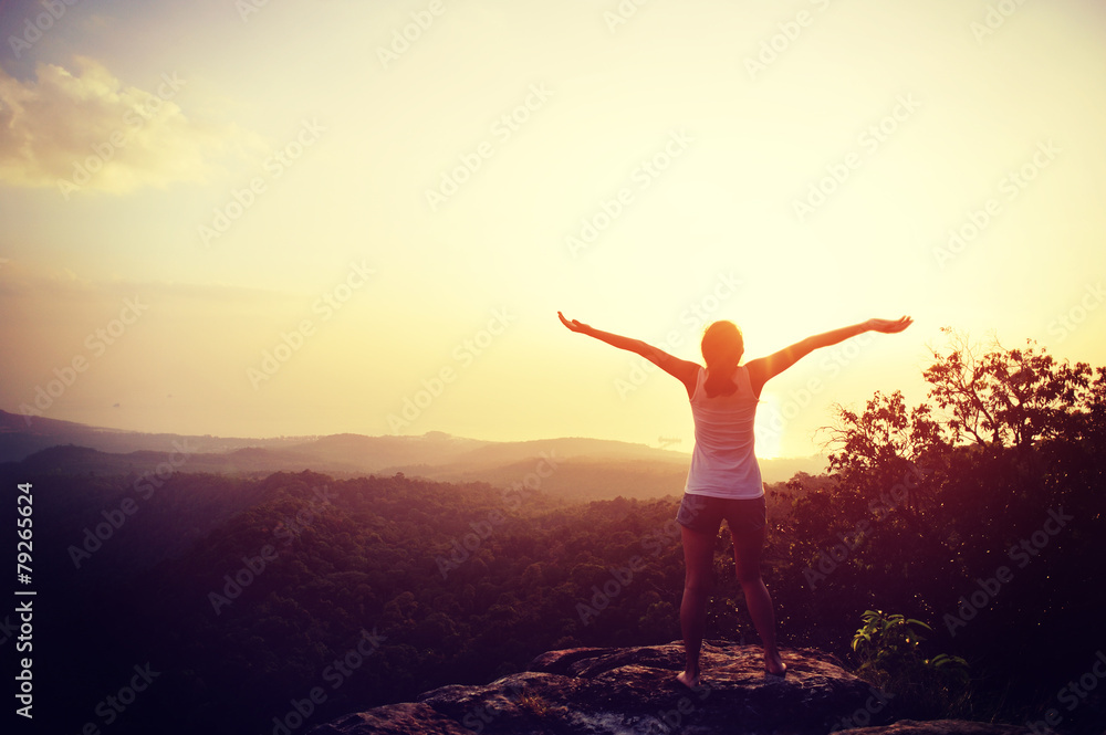 cheering woman hiker open arms at on mountain peak rock