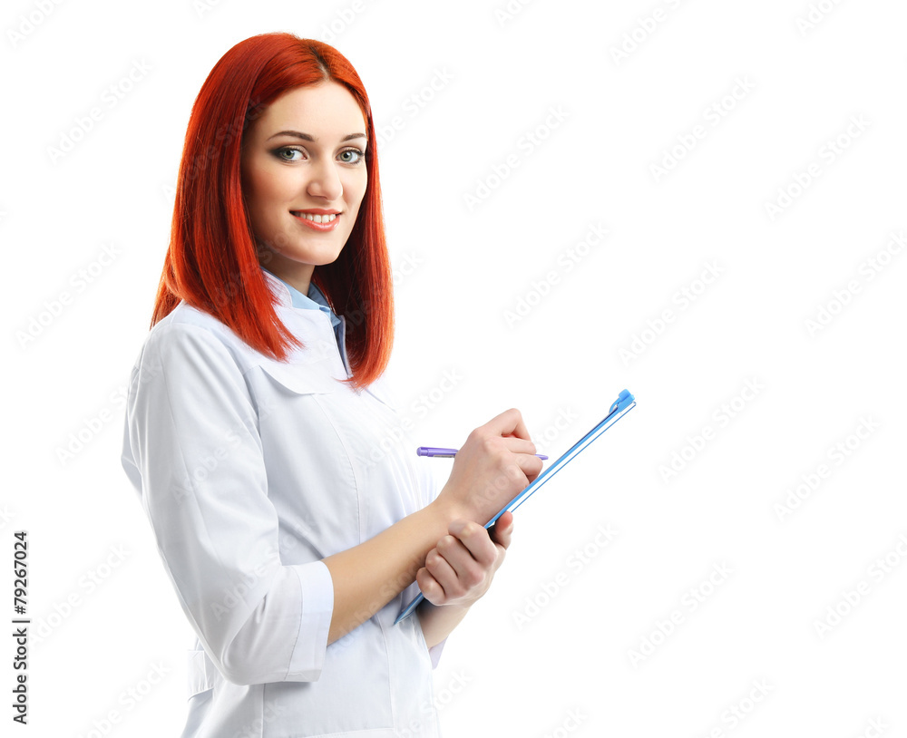 Young beautiful doctor with clipboard isolated on white Young beautiful doctor with clipboard isolated on white