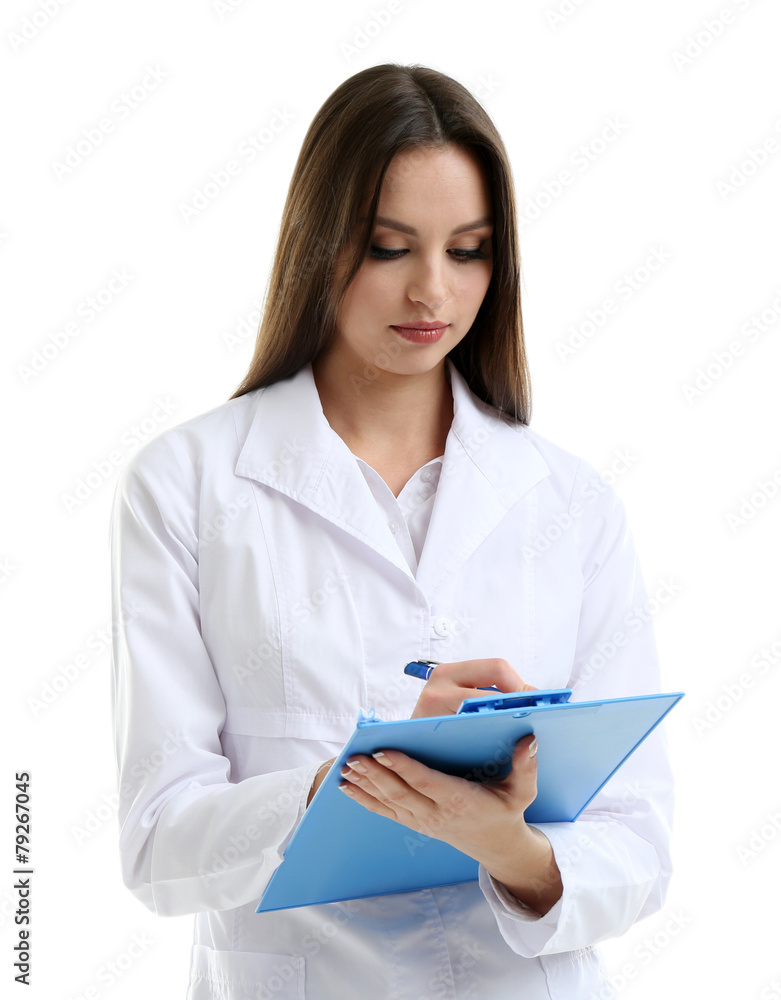 Young beautiful doctor with clipboard isolated on white Young beautiful doctor with clipboard isolated on white