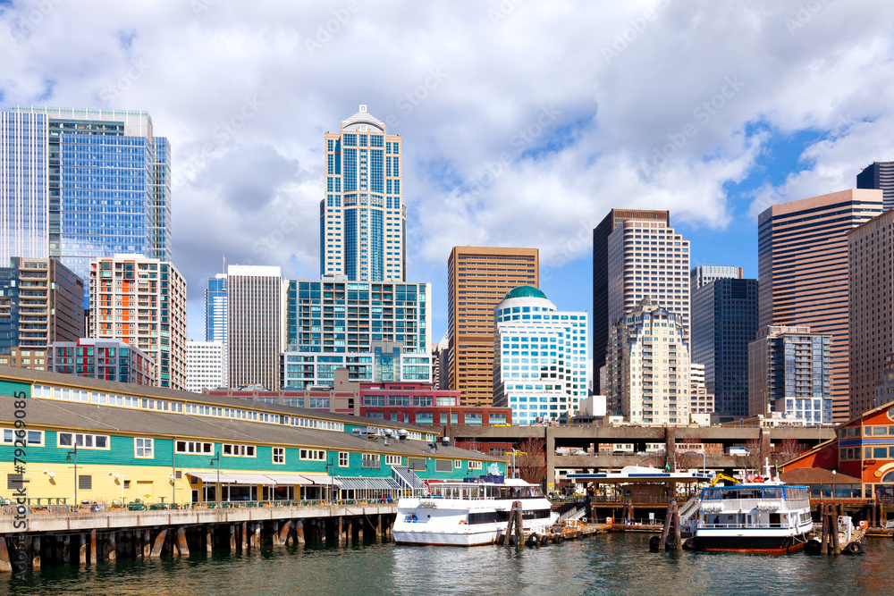 Seattle waterfront and skyline viewed from the bay