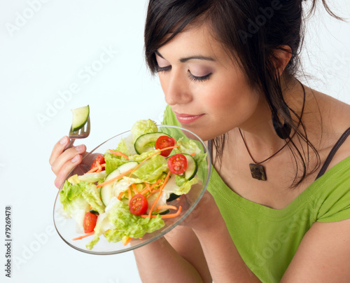 Healthy Eating Woman Enjoys Raw Food Fresh Green Salad