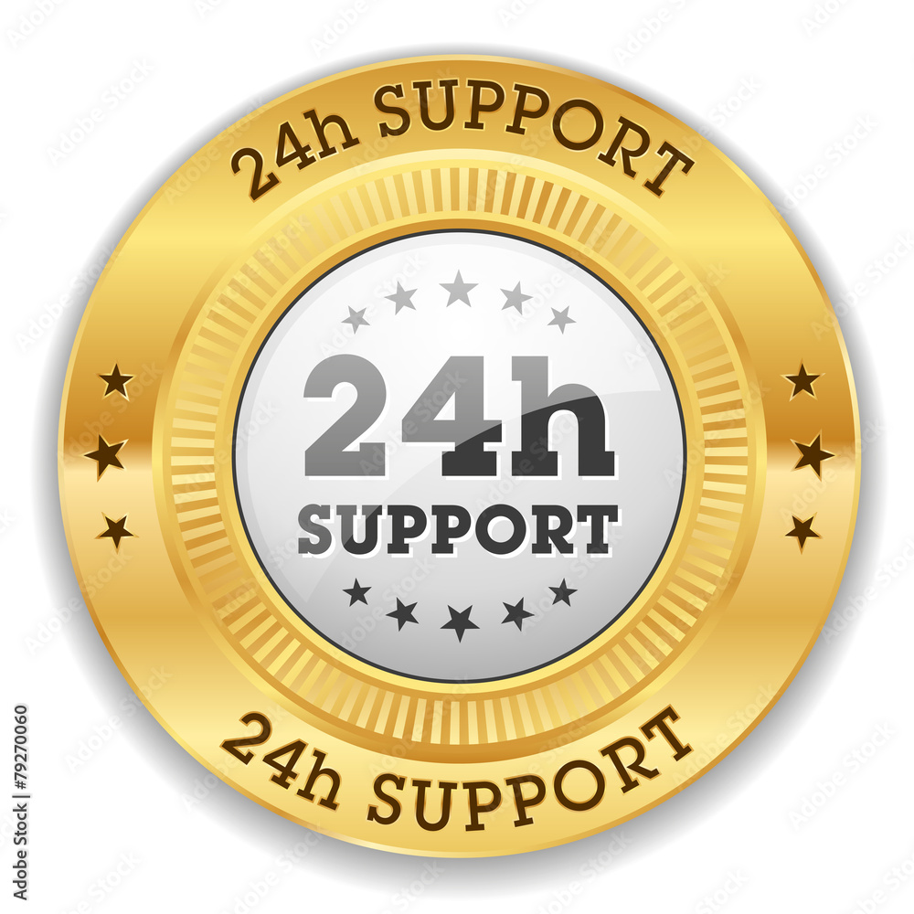 White 24h support button with gold border