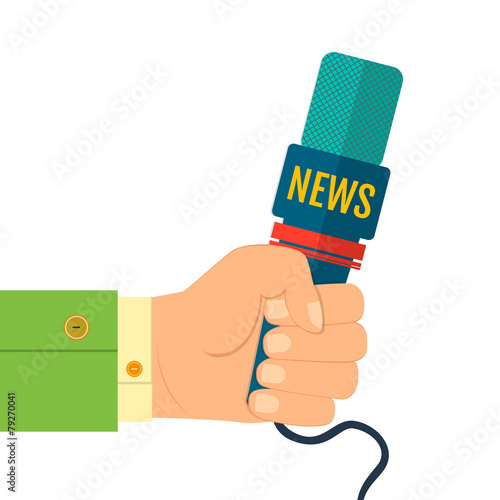flat icon hand holding a microphone, reporter of news interviews