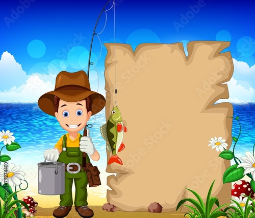 fisherman cartoon and blank sign
