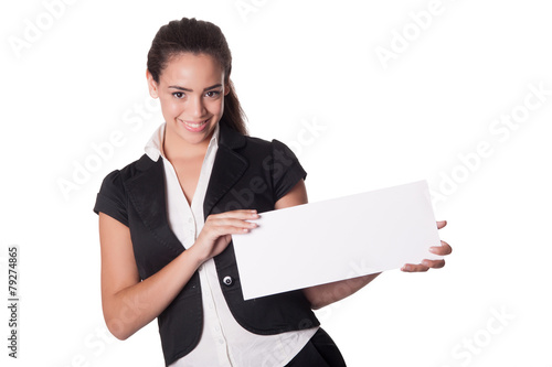 Happy young woman holds blank card - copyspace