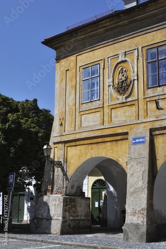 Old house with an icon in Hradec Kralove, Czech Republic photo