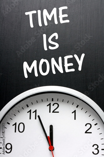 Time Is Money concept with a clock and blackboard