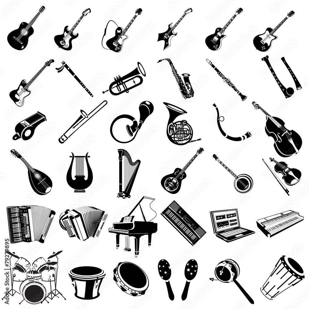 music instrument black icons - obrazy, fototapety, plakaty 