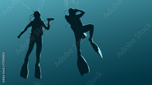 Horizontal illustration of divers under water.