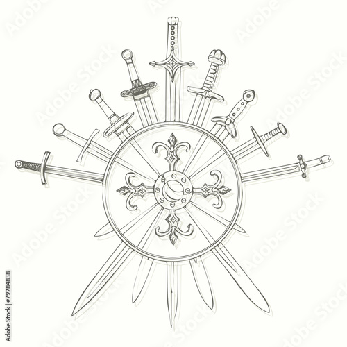 Swords cross crosswise and shields (drawn in ink).