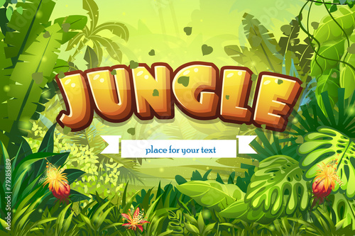 Illustration cartoon jungle with inscription and ribbon