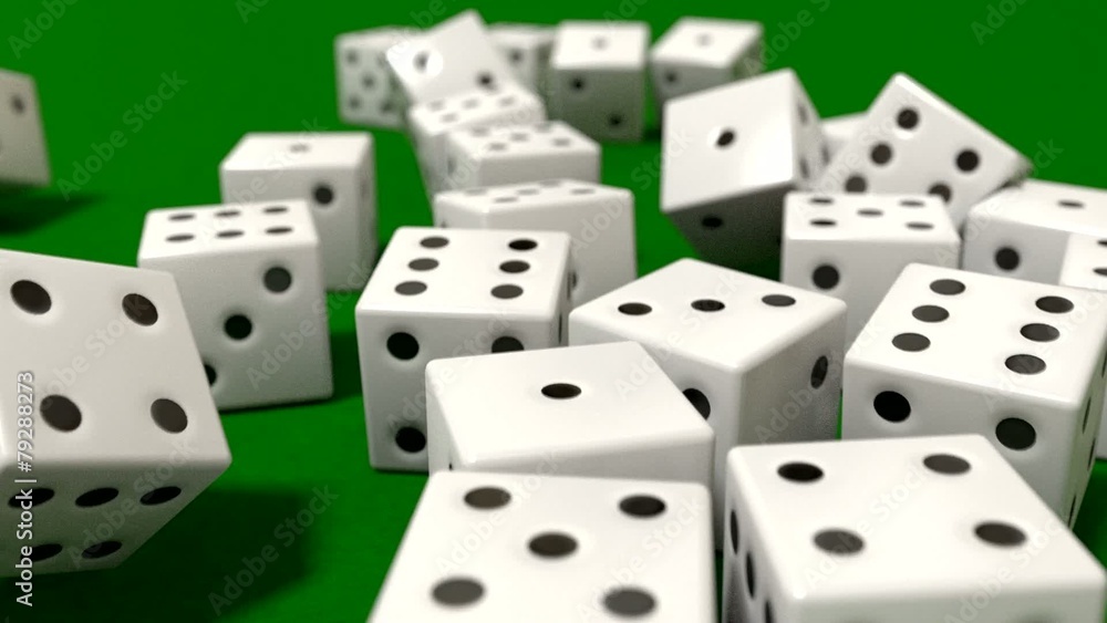 Dice rolling white slow motion closeup DOF on green felt tableto Dice rolling white slow motion closeup DOF on green felt tableto