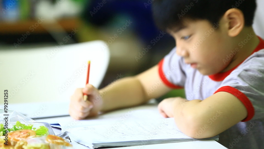 Asian boy doing homework at home . Asian boy doing homework at home .