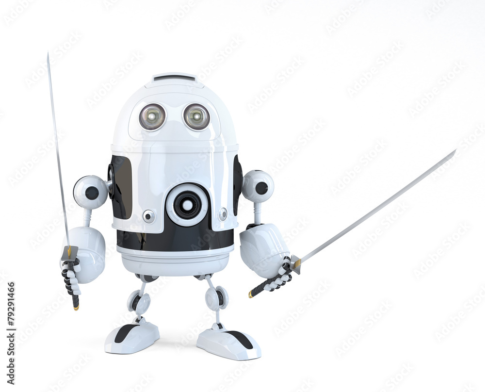 Robot with Katana. Technology concept. Isolated over white. Contains clipping path Robot with Katana. Technology concept. Isolated over white. Contains clipping path