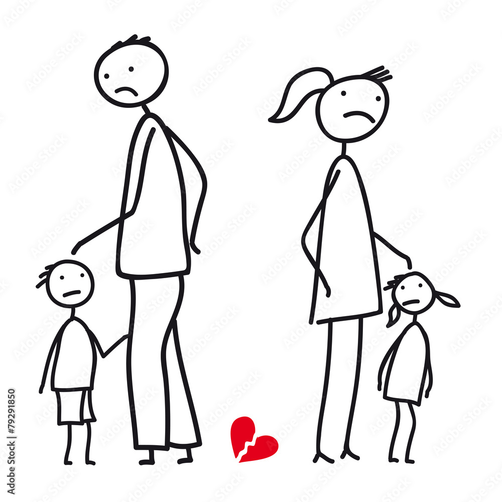 Familie in Scheidung, Krise - Paar mit Kindern in Trennung, Umgang, Unterhalt, Aufenthalt, Schutz des Kindeswohles, Sorgerecht, patchworkfamilie, vektor, isoliert Familie in Scheidung, Krise - Paar mit Kindern in Trennung, Umgang, Unterhalt, Aufenthalt, Schutz des Kindeswohles, Sorgerecht, patchworkfamilie, vektor, isoliert