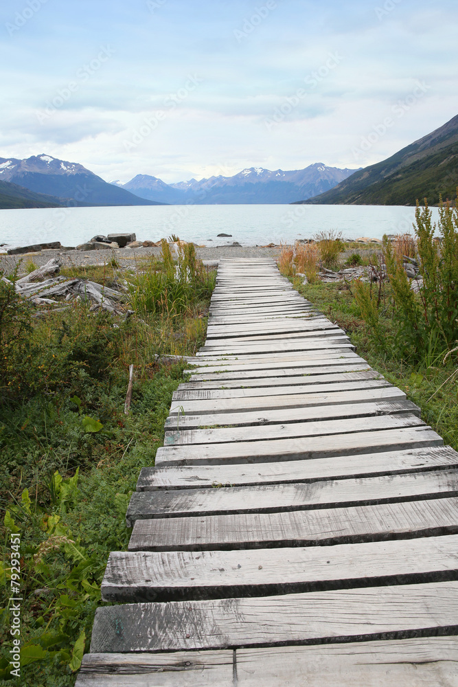 wooden path leading to Argentino lake, South Patagonia