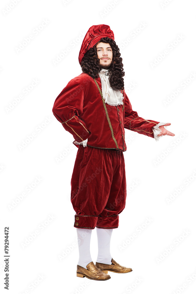 Portrait of the Middle Ages man in red costume isolated on white