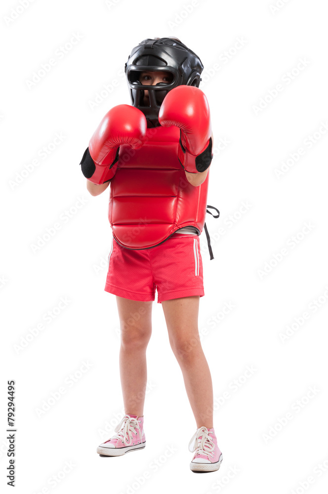 Full body of a young boxer girl with equipment Full body of a young boxer girl with equipment