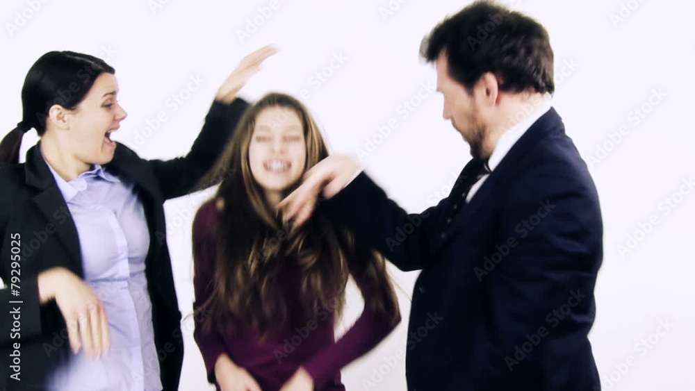 Business couple dancing with daughter isolated Business couple dancing with daughter isolated