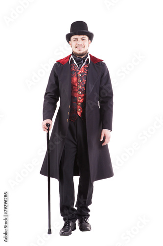 Retro fashion man with beard wearing black suit. Holding a