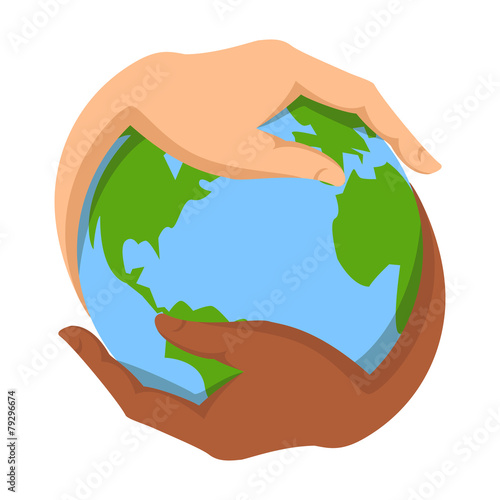 Hands holding planet earth, caring world together