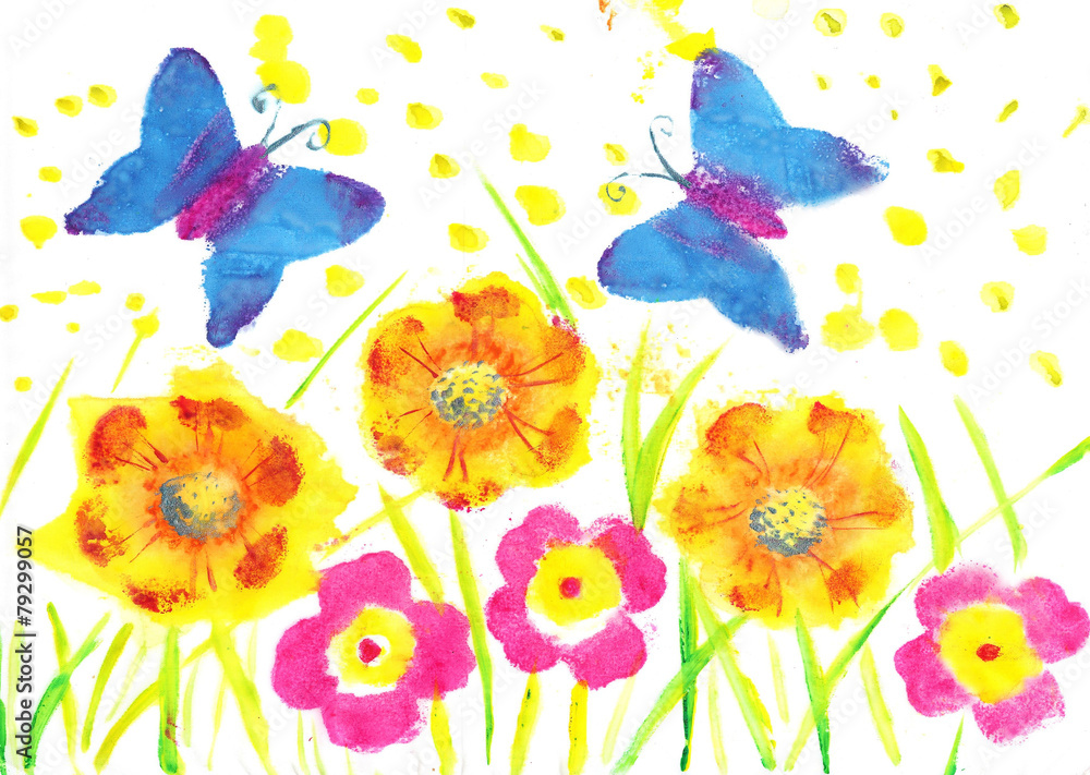 This artwork butterfly batik. Child drawing watercolor flowers,