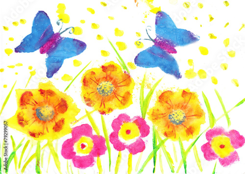 This artwork butterfly batik. Child drawing watercolor flowers,