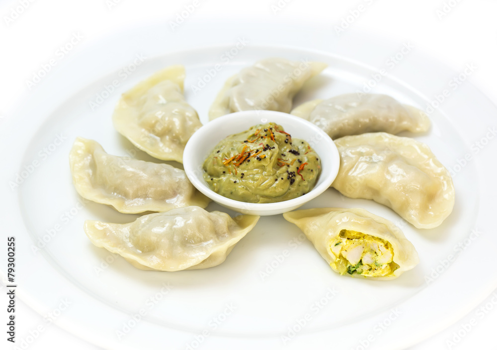 Nepalese food momo on a white background in the restaurant