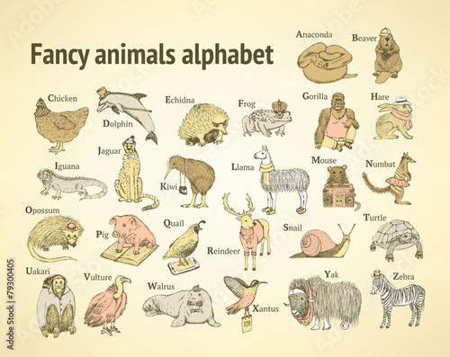 Sketch fancy animals alphabet  in vintage style