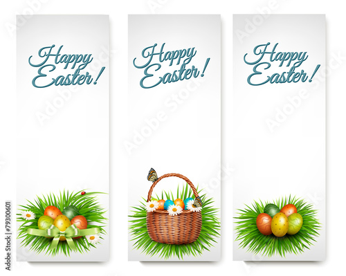 Three Happy Easter banners with easter eggs in a basket and grre