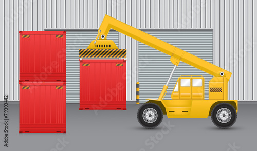 Vector of reach stacker to lifting, handler, handling or load cargo container at port, warehouse, terminal for logistic, shipping, shipment and delivery. Freight transport and distribution industry.