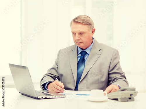 busy older businessman with laptop and telephone