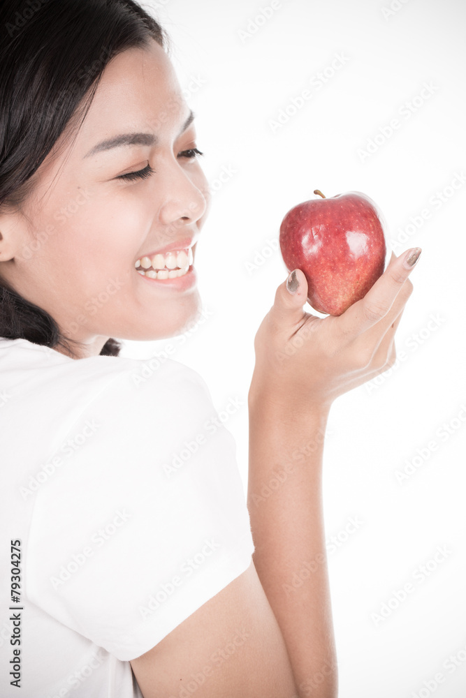 Smiling woman with apple isolated on white Smiling woman with apple isolated on white