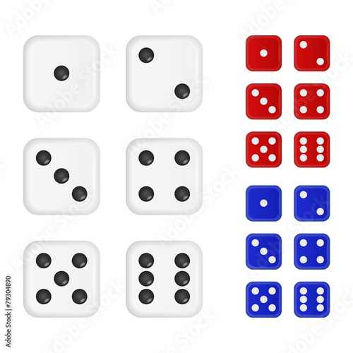 Set of dices in three colors - white, red, blue