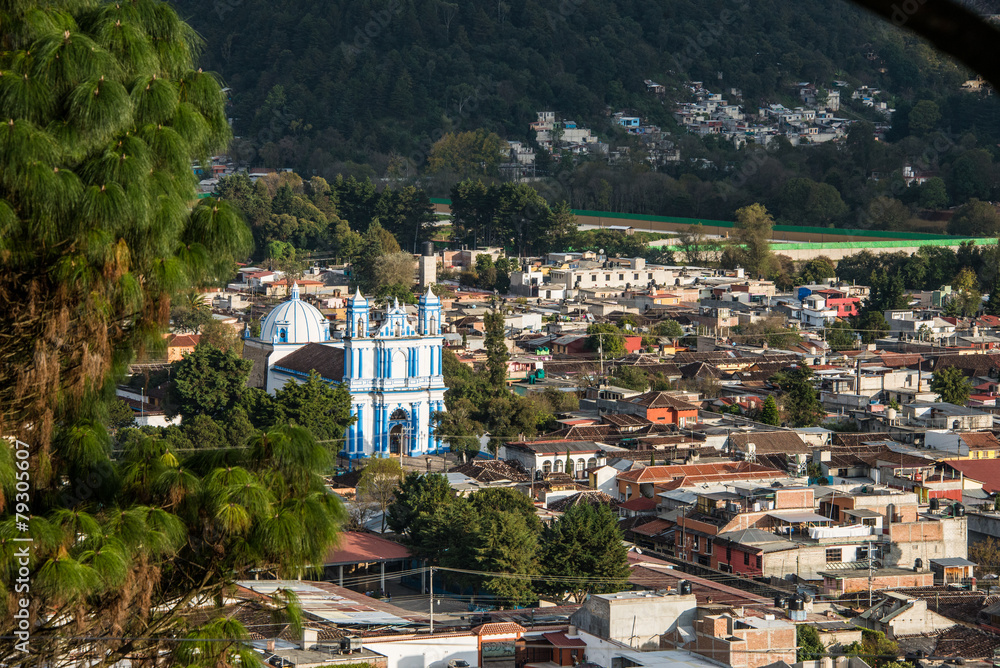 Aerial View of San Cristobal church and town at Chiapas, Mexico.
